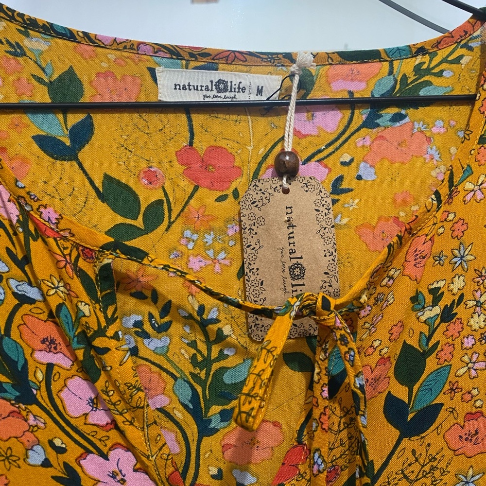 Natural Life Yellow Floral Dress with Pink and Green Accents
